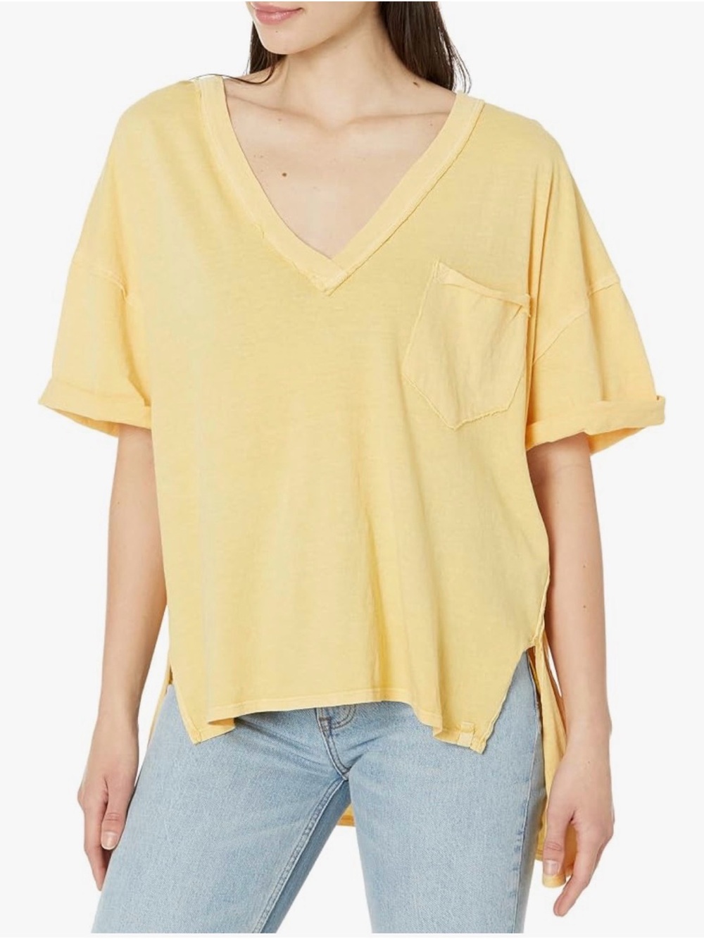 NWT We The Free People Arlo V-Neck Pocket Tee Mustard Yellow Oversized Boho XL
